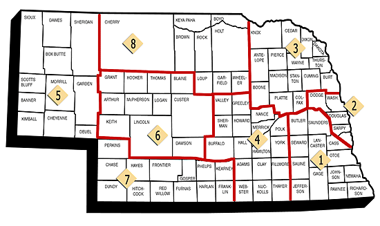outline map of Nebraska showing counties